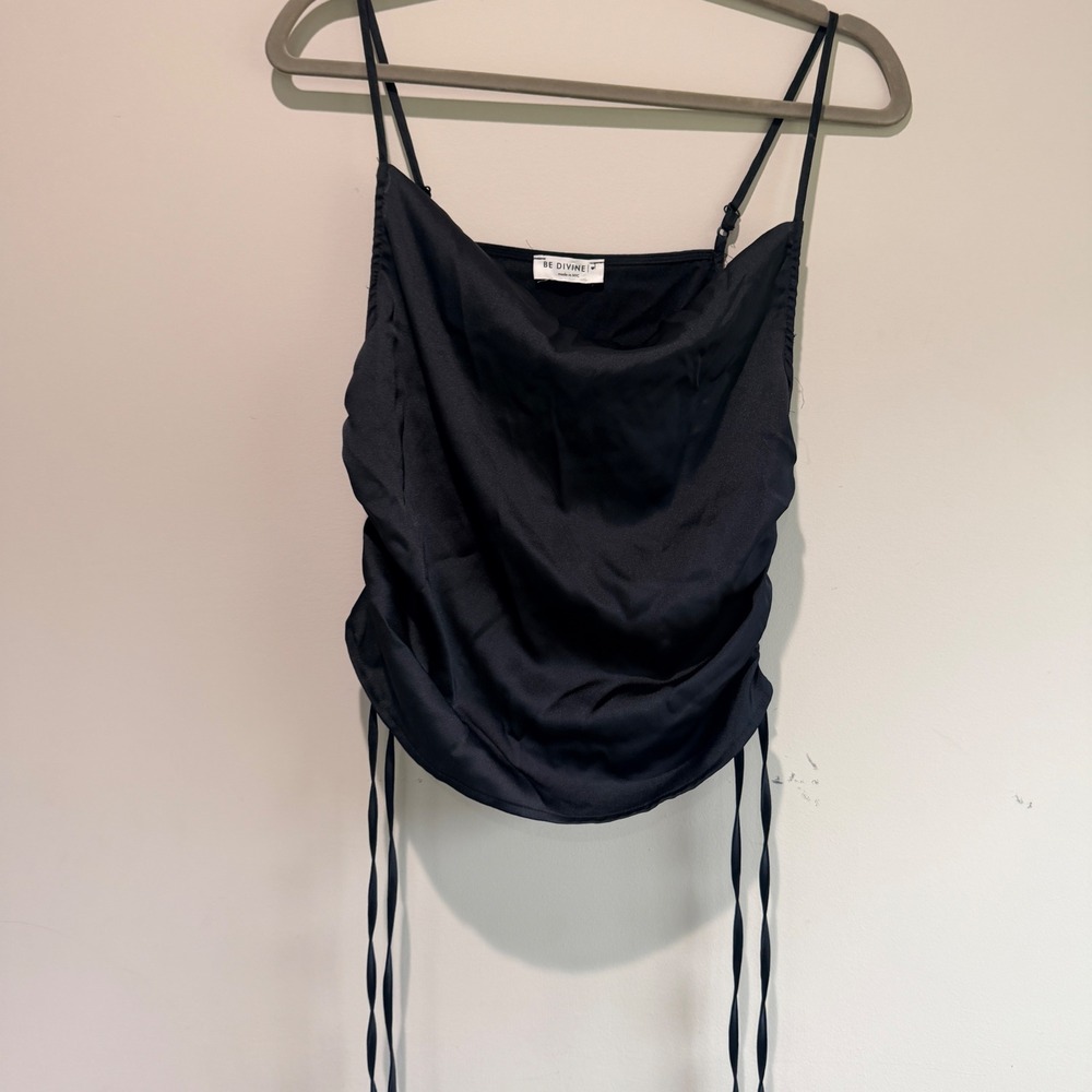 Be Divine Cowl Neck Ruched Cami Tie Side Sinch Womens S Black Satin Indie Sleaze